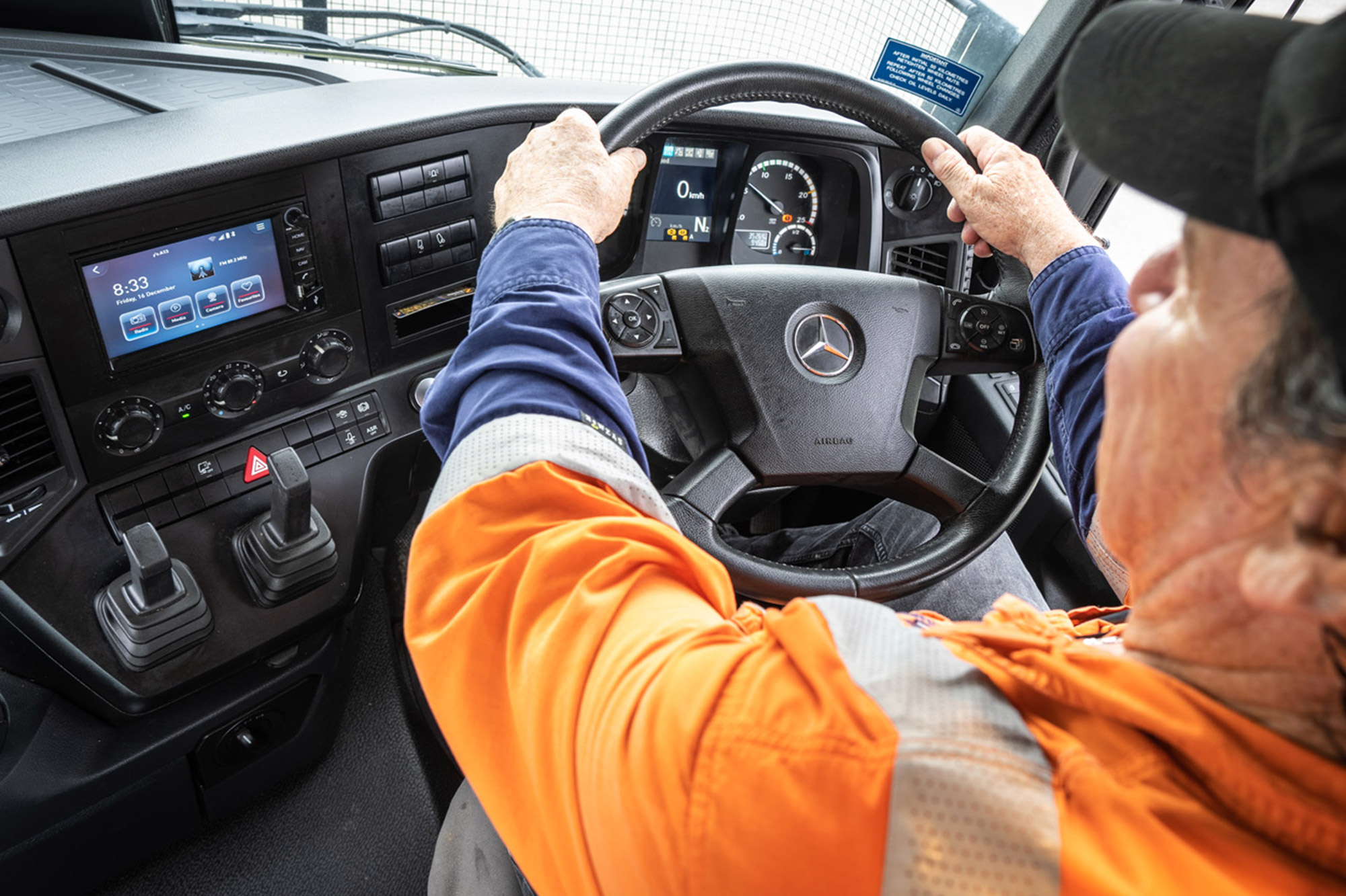 Inside the cab of a Mercedes-Benz Arocs bottom dumper 