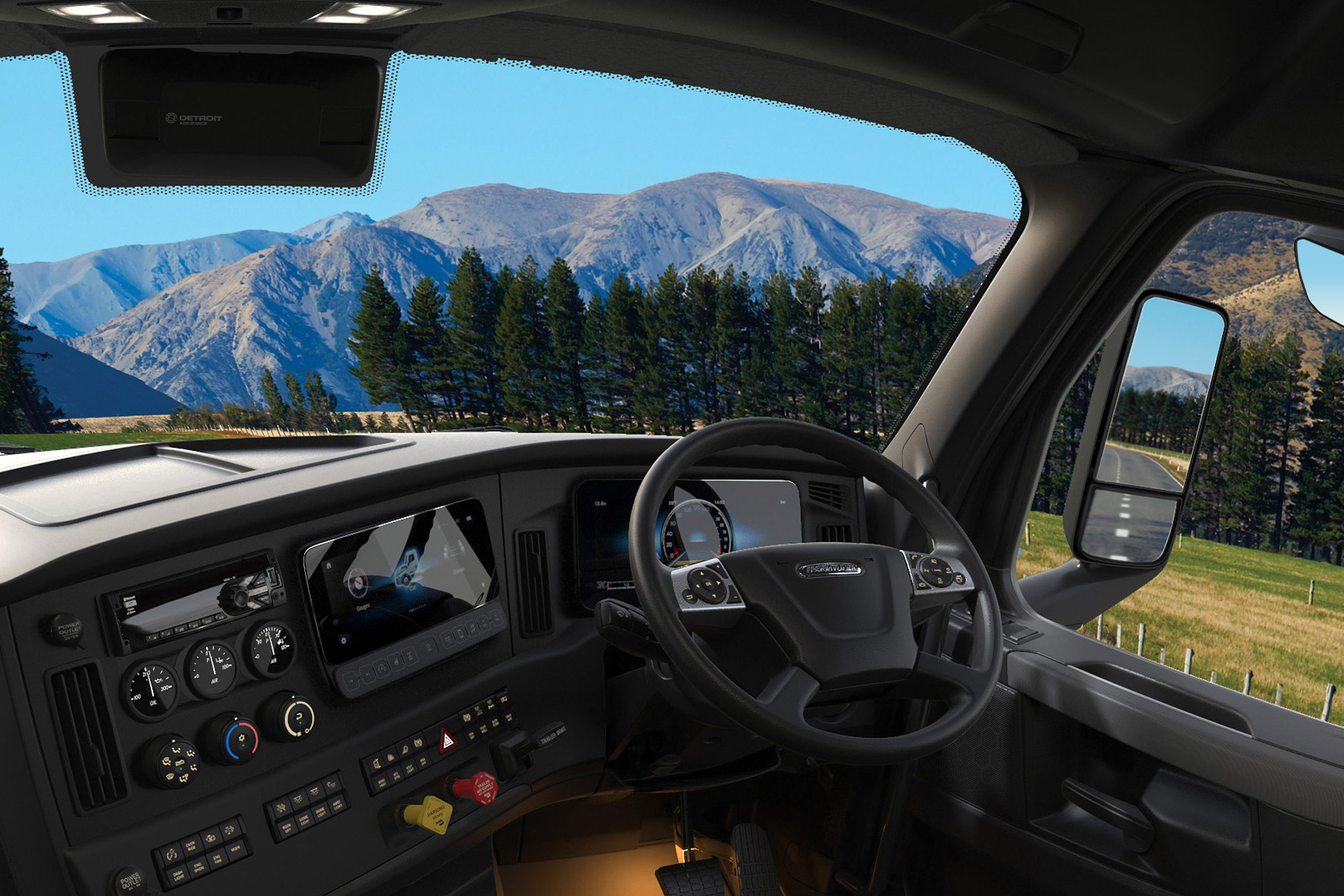 The inside of a Freightliner Cascadia