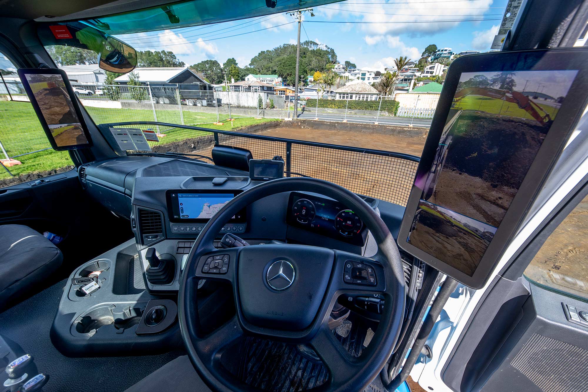 The cab of Earthworks Taranaki’s Arocs – equipped with MirrorCam  