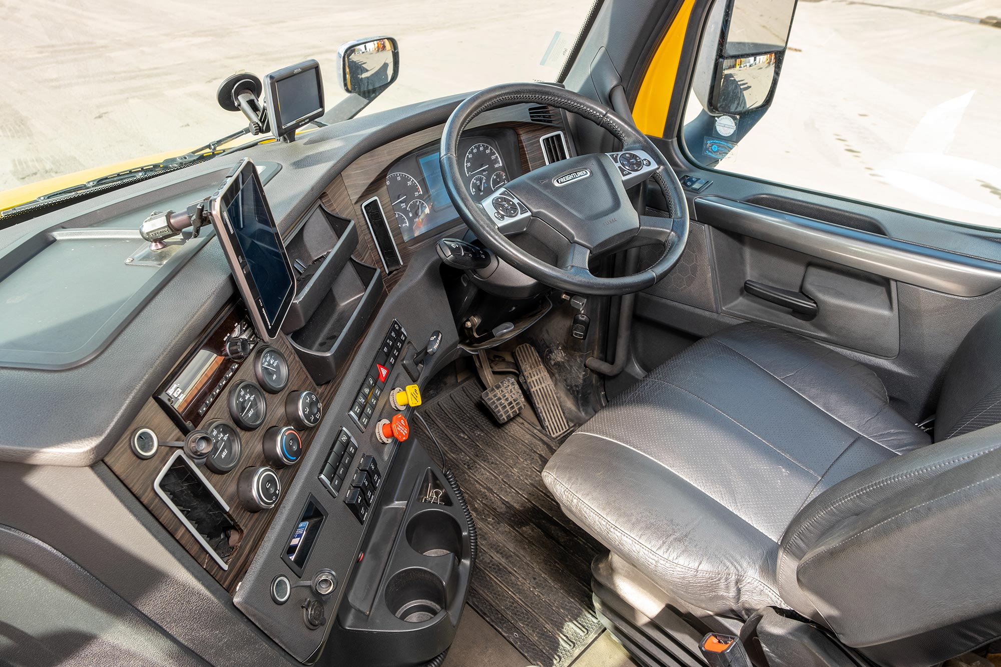The inside of a Freightliner Cascadia 