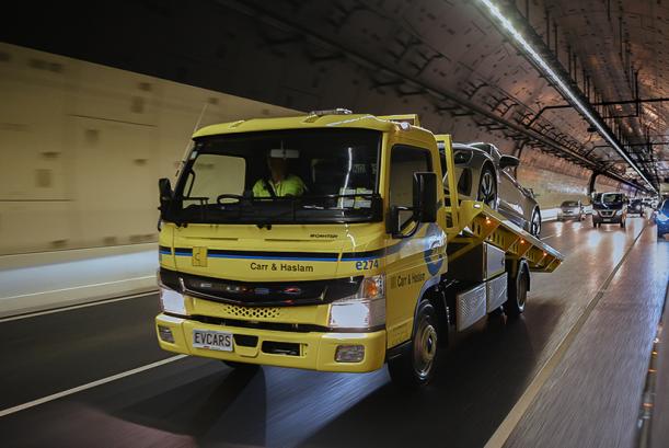 The FUSO eCanter fully electric light-duty truck making an Auckland delivery