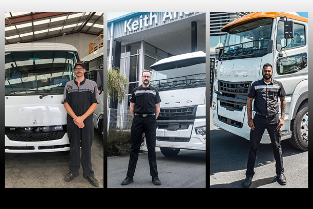 Three FUSO master technicians pose alongside FUSO products 